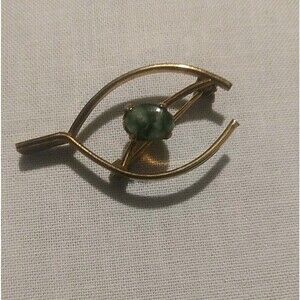 Vtg 50s BAL RON Green Connemara Jade Irish Wishbone 12K Gold Filled Pin Brooch